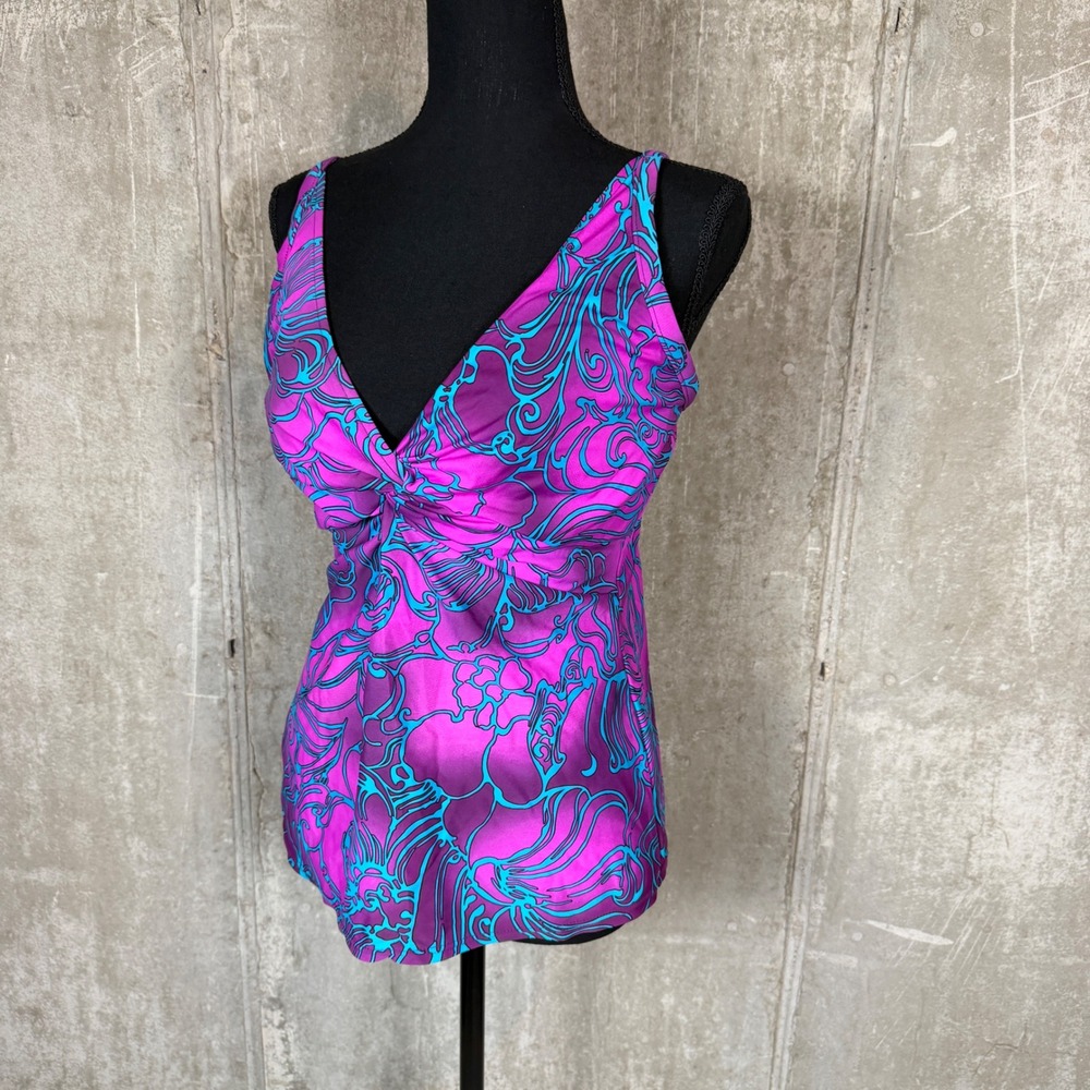 Sunsets 38D Tankini Top Purple Teal Floral Twist Front V-Neck Style 77